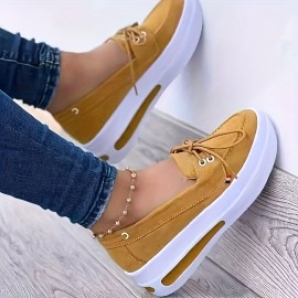 Women's Solid Color Comfy Sneakers, Lace Up Platform Round Toe Shoes, Versatile Low Wedge Casual Shoes