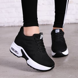 Women's Solid Color Knitted Sneakers, Lace Up Comfy Platform Air Cushion Soft Sole Shoes, Versatile Low-top Heightening Shoes