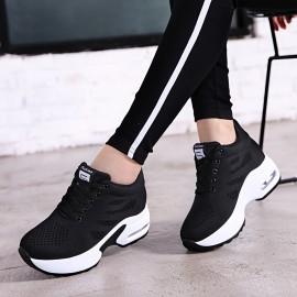 Women's Solid Color Knitted Sneakers, Lace Up Comfy Platform Air Cushion Soft Sole Shoes, Versatile Low-top Heightening Shoes