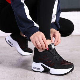 Women's Solid Color Knitted Sneakers, Lace Up Comfy Platform Air Cushion Soft Sole Shoes, Versatile Low-top Heightening Shoes