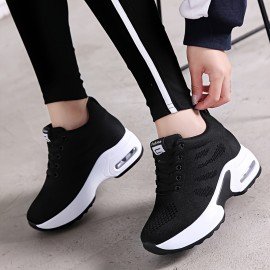 Women's Solid Color Knitted Sneakers, Lace Up Comfy Platform Air Cushion Soft Sole Shoes, Versatile Low-top Heightening Shoes