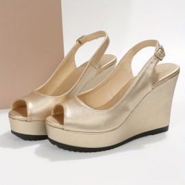 Women's Solid Color Wedge Sandals, Trendy Peep Toe Buckle Strap Shoes, Fashion Slingback Sandals