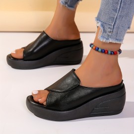 Women's Black Wedge Heeled Sandals, Casual Slip On Platform Sandals, Solid Color Faux Leather Shoes