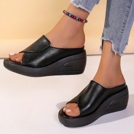 Women's Black Wedge Heeled Sandals, Casual Slip On Platform Sandals, Solid Color Faux Leather Shoes