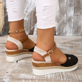 Women's Wedge Espadrille Sandals, Closed Toe Ankle Buckle Strap Slingback Heels, Casual Summer Platform Sandals