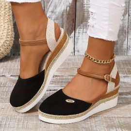 Women's Wedge Espadrille Sandals, Closed Toe Ankle Buckle Strap Slingback Heels, Casual Summer Platform Sandals