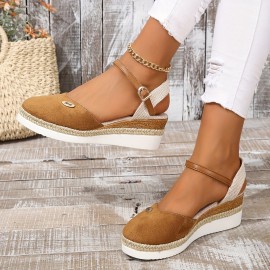 Women's Wedge Espadrille Sandals, Closed Toe Ankle Buckle Strap Slingback Heels, Casual Summer Platform Sandals