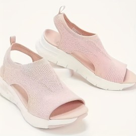 Women's Knitted Cut-out Sandals, Solid Color Open Toe Slip On Shoes, Lightweight Wedge Shoes