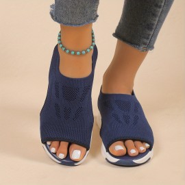 Women's Knitted Cut-out Sandals, Solid Color Open Toe Slip On Shoes, Lightweight Wedge Shoes