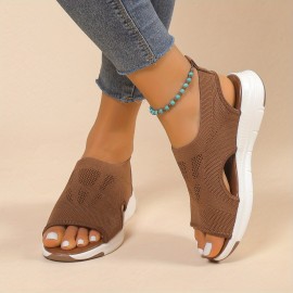 Women's Knitted Cut-out Sandals, Solid Color Open Toe Slip On Shoes, Lightweight Wedge Shoes