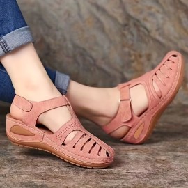 Women's Wedge Heeled Sandals, Platform Solid Color Ankle Strap Round Toe Sandals, Women's Summer Shoes