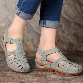 Women's Wedge Heeled Sandals, Platform Solid Color Ankle Strap Round Toe Sandals, Women's Summer Shoes