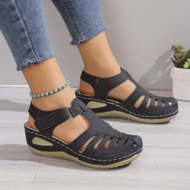 Women's Wedge Heeled Sandals, Platform Solid Color Ankle Strap Round Toe Sandals, Women's Summer Shoes