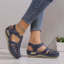 Women's Wedge Heeled Sandals, Platform Solid Color Ankle Strap Round Toe Sandals, Women's Summer Shoes