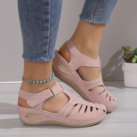 Women's Wedge Heeled Sandals, Platform Solid Color Ankle Strap Round Toe Sandals, Women's Summer Shoes