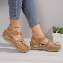 Women's Wedge Heeled Sandals, Platform Solid Color Ankle Strap Round Toe Sandals, Women's Summer Shoes