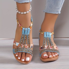 Women's Boho Wedge Sandals, Rhinestone Braided Band Elastic Strap Slip On Shoes, Versatile Outdoor Beach Sandals