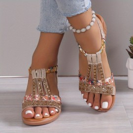 Women's Boho Wedge Sandals, Rhinestone Braided Band Elastic Strap Slip On Shoes, Versatile Outdoor Beach Sandals