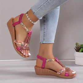 Women's Boho Wedge Sandals, Rhinestone Braided Band Elastic Strap Slip On Shoes, Versatile Outdoor Beach Sandals