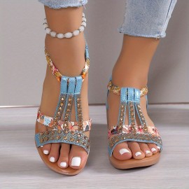 Women's Boho Wedge Sandals, Rhinestone Braided Band Elastic Strap Slip On Shoes, Versatile Outdoor Beach Sandals