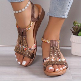 Women's Boho Wedge Sandals, Rhinestone Braided Band Elastic Strap Slip On Shoes, Versatile Outdoor Beach Sandals