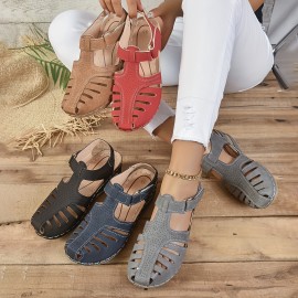 Women's Retro Wedge Sandals, Closed Toe Hollow trendy Shoes, Casual Slingback Sandals