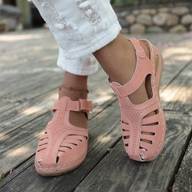 Women's Retro Wedge Sandals, Closed Toe Hollow trendy Shoes, Casual Slingback Sandals