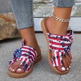 Women's Flag Pattern Slide Sandals, Bowknot Toe Loop Slip On Flat Shoes, Casual Sandals For The 4th Of July