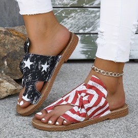 Women's Flag Pattern Slide Sandals, Bowknot Toe Loop Slip On Flat Shoes, Casual Sandals For The 4th Of July