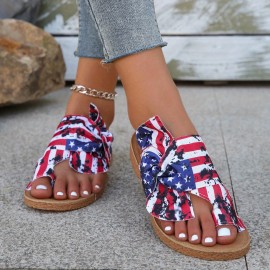 Women's Flag Pattern Slide Sandals, Bowknot Toe Loop Slip On Flat Shoes, Casual Sandals For The 4th Of July