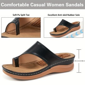 Women's Massage Wedge Slides, Comfy Toe Loop Slip On Slide Sandals, Casual Outdoor Arch Support Sandals