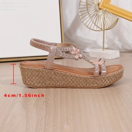 Women's Floral Rhinestone Flat Sandals, Boho Style Open Toe Elastic Strap Shoes, Casual Beach Sandals