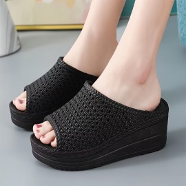 Women's Hollow Out Platform Wedge Sandals, Peep Toe Anti-skid Solid Color PVC Slippers, Outdoor Slip On Slides Shoes