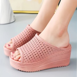 Women's Hollow Out Platform Wedge Sandals, Peep Toe Anti-skid Solid Color PVC Slippers, Outdoor Slip On Slides Shoes