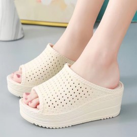 Women's Hollow Out Platform Wedge Sandals, Peep Toe Anti-skid Solid Color PVC Slippers, Outdoor Slip On Slides Shoes