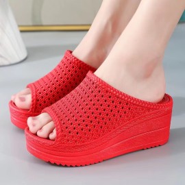 Women's Hollow Out Platform Wedge Sandals, Peep Toe Anti-skid Solid Color PVC Slippers, Outdoor Slip On Slides Shoes