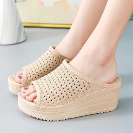 Women's Hollow Out Platform Wedge Sandals, Peep Toe Anti-skid Solid Color PVC Slippers, Outdoor Slip On Slides Shoes