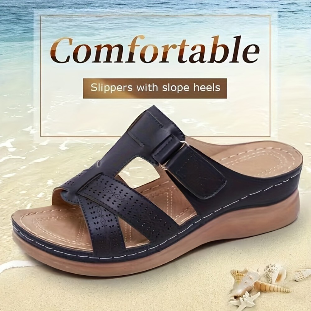 Women's Cross Strap Wedge Heeled Slippers, Arch Support Open Toe Slides Shoes, Casual Outdoor Slippers