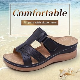 Women's Cross Strap Wedge Heeled Slippers, Arch Support Open Toe Slides Shoes, Casual Outdoor Slippers