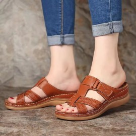 Women's Cross Strap Wedge Heeled Slippers, Arch Support Open Toe Slides Shoes, Casual Outdoor Slippers