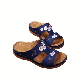 Women's Wedge Slide Sandals, Floral Embroidered Slip On Shoes, Comfort Sandals With Arch Support