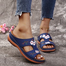 Women's Wedge Slide Sandals, Floral Embroidered Slip On Shoes, Comfort Sandals With Arch Support