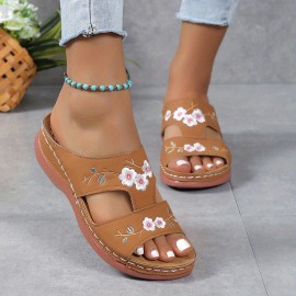 Women's Wedge Slide Sandals, Floral Embroidered Slip On Shoes, Comfort Sandals With Arch Support