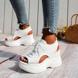 Women's Solid Color Wedge Sandals, Breathable Knit Lace Up Platform Shoes, Comfortable Summer Beach Shoes