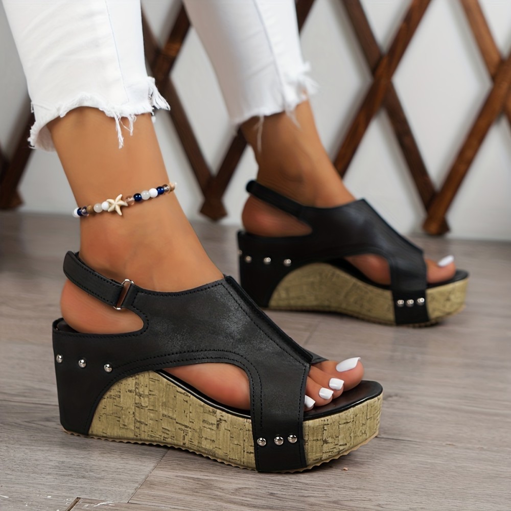 Women's Vintage Platform Sandals, Peep Toe Side Cut Out Slingback Casual Shoes, Summer Comfy Wedge Shoes