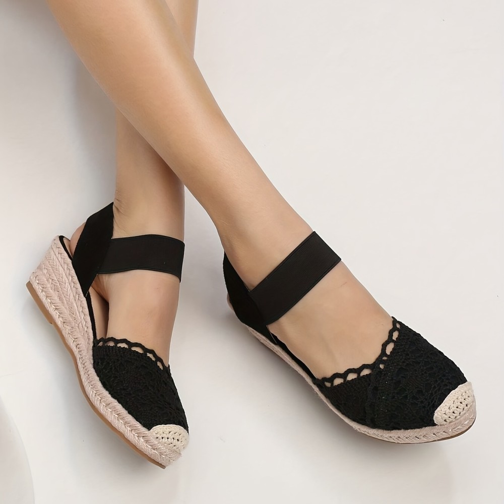 Women's Wedge Espadrille Sandals, Lace Closed Toe Elastic Ankle Strap Slip On Shoes, Casual Slingback Sandals