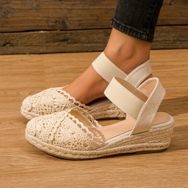 Women's Wedge Espadrille Sandals, Lace Closed Toe Elastic Ankle Strap Slip On Shoes, Casual Slingback Sandals