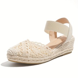 Women's Wedge Espadrille Sandals, Lace Closed Toe Elastic Ankle Strap Slip On Shoes, Casual Slingback Sandals