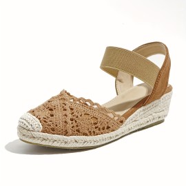 Women's Wedge Espadrille Sandals, Lace Closed Toe Elastic Ankle Strap Slip On Shoes, Casual Slingback Sandals