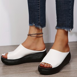 Women's Wedge Sandals, Slip On Open Toe Soft Sole Wear-resistant Slides, Faux Leather Platform Slides